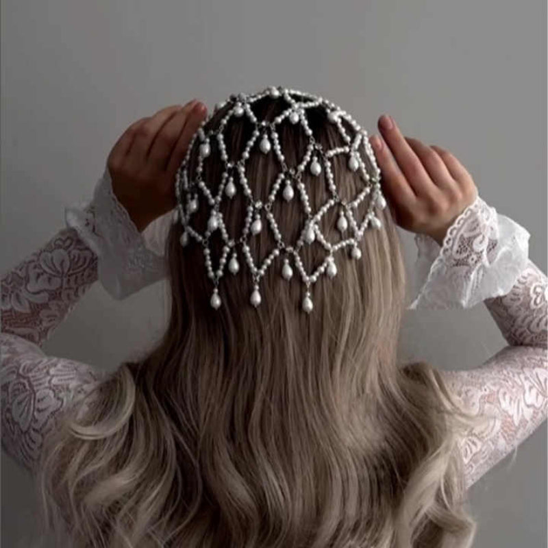 Silver Bohemian Pearl Net Headband A Vintage Mesh Hair Accessory For Women | Elegant Faux Bridal Hairpiece