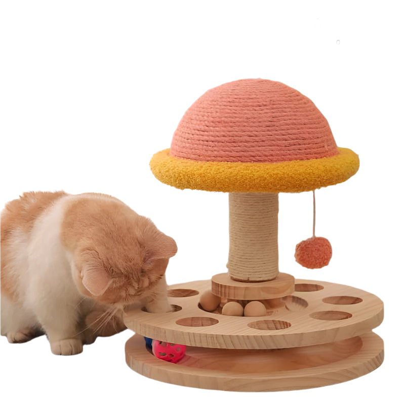 Large Pink Interactive Cat Scratching Post With Ball Track Fun Mushroom Shaped Toy For Play And Entertainment