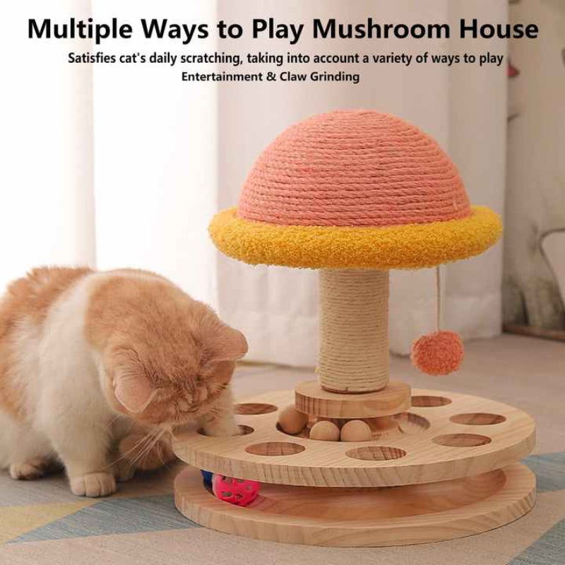 Large Pink Interactive Cat Scratching Post With Ball Track Fun Mushroom Shaped Toy For Play And Entertainment