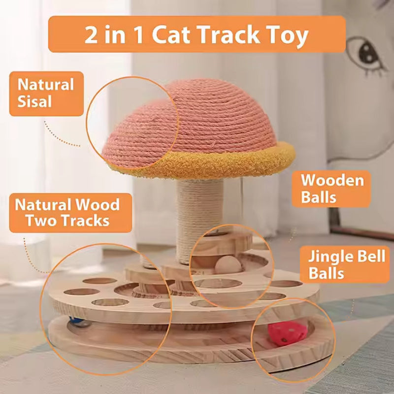 Large Pink Interactive Cat Scratching Post With Ball Track Fun Mushroom Shaped Toy For Play And Entertainment