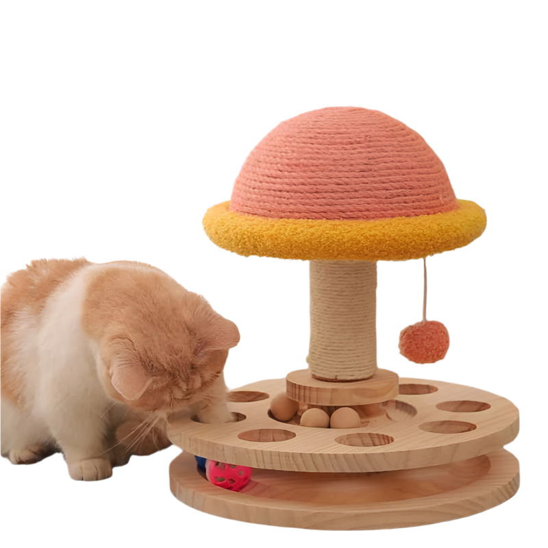 Small Pink Interactive Cat Scratching Post With Ball Track Fun Mushroom Shaped Toy For Play And Entertainment