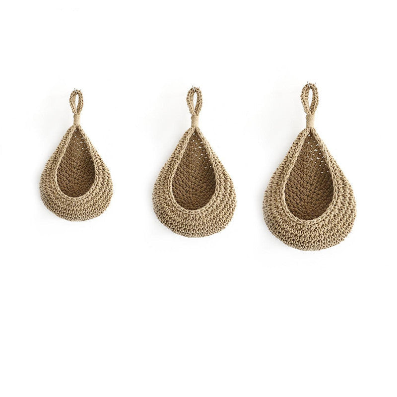 Khaki 3 Piece Wall Mounted Cotton Rope Storage Baskets Large Medium And Small Hand Woven Fruit/Vegetable/Storage Nets (L