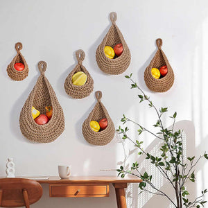 Khaki 3 Piece Wall Mounted Cotton Rope Storage Baskets Large Medium And Small Hand Woven Fruit/Vegetable/Storage Nets (L