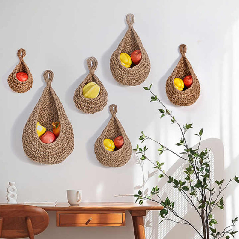 Grey 3 Piece Wall Mounted Cotton Rope Storage Baskets Large Medium And Small Hand Woven Fruit/Vegetable/Storage Nets (La