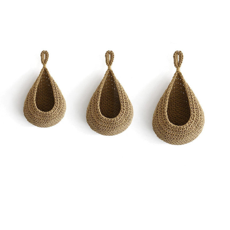 Khaki 3 Piece Wall Mounted Cotton Rope Storage Baskets Large Medium And Small Hand Woven Fruit/Vegetable/Storage Nets (L