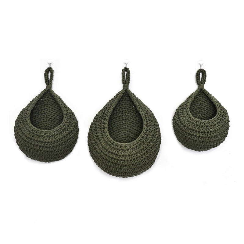 Green 3 Piece Wall Mounted Cotton Rope Storage Baskets Large Medium And Small Hand Woven Fruit/Vegetable/Storage Nets (L