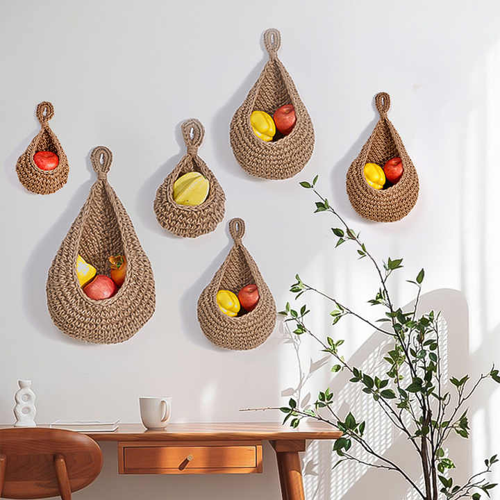 Red 3 Piece Wall Mounted Cotton Rope Storage Baskets A Large Medium And Small Hand Woven Fruit/Vegetable/Storage Nets (L