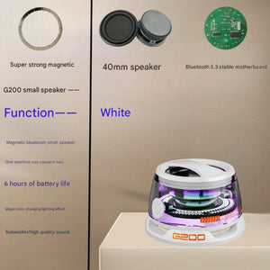 White Portable Mini Bluetooth Speaker With Magnetic Base High Quality Bass And Surround Sound Colorful Ambient Lighting