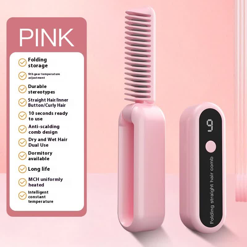 Pink Portable Foldable Cordless Hair Straightener With Ionic Technology Compact Travel Design And Quick Easy Usb Chargin