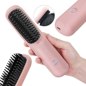 Pink Wireless Hair Straightening Brush Portable 2 In 1 Styling Tool With Usb Charging Ceramic Heat Technology And Compac