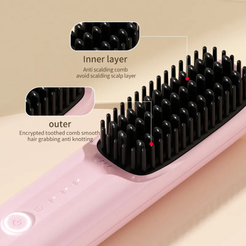 Pink Wireless Hair Straightening Brush Portable 2 In 1 Styling Tool With Usb Charging Ceramic Heat Technology And Compac