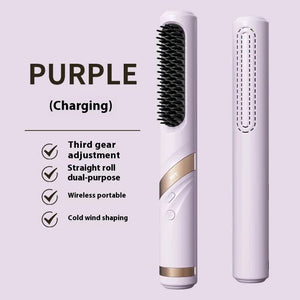 Purple Portable Usb Rechargeable Cold Wind Ionic Hair Straightening Brush Multi Functional Straightener And Curler Light