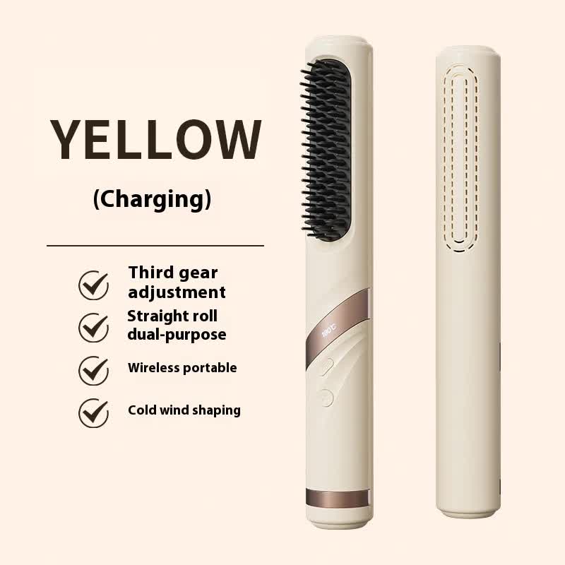 Yellow Portable Usb Rechargeable Cold Wind Ionic Hair Straightening Brush Multi Functional Straightener And Curler Light