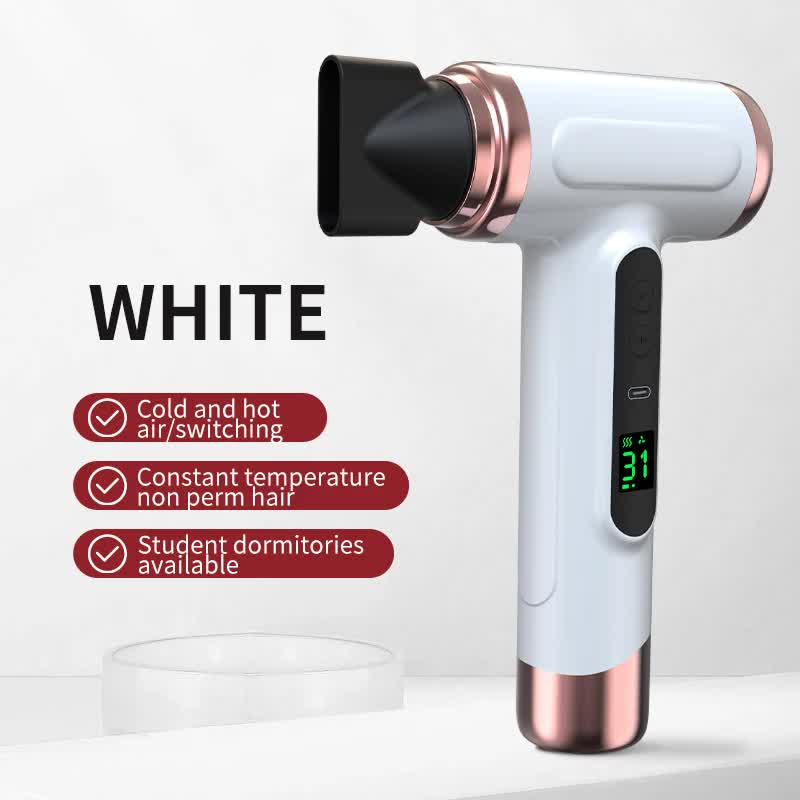 White Wireless Hair Dryer With Cold & Hot Air Portable Large Capacity Rechargeable Ionic Fast Drying Lightweight And Com