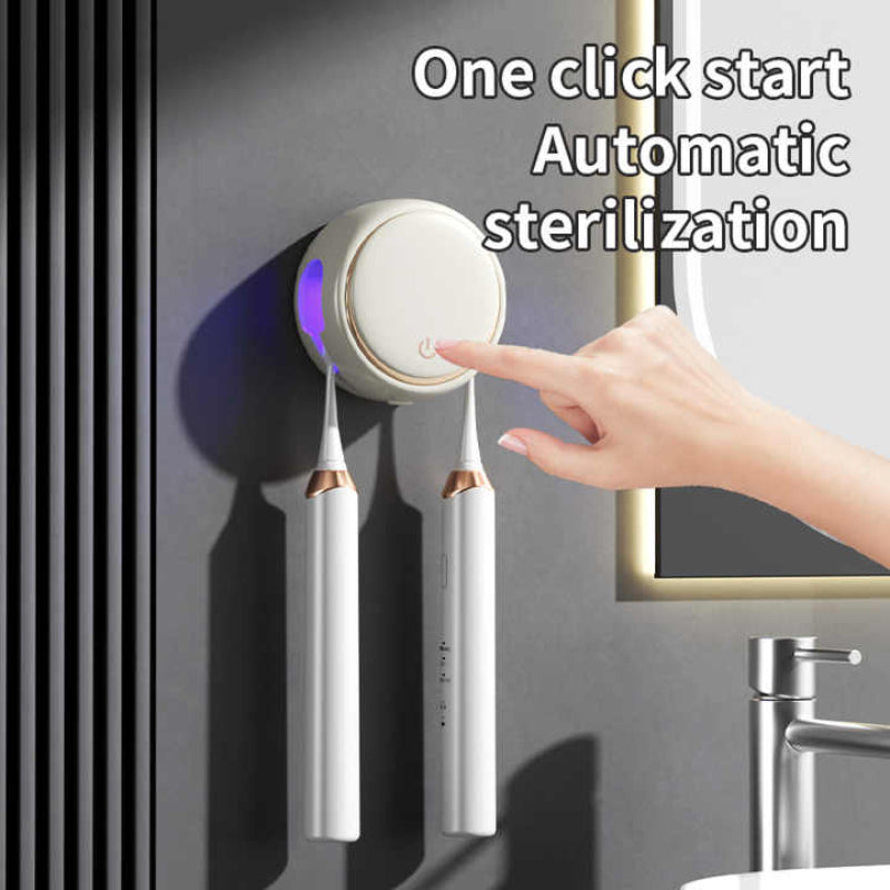 Black Round Uv C Toothbrush Sterilizer Holder With Drying Function Dual Slot Wall Mounted Design Usb Rechargeable Compac