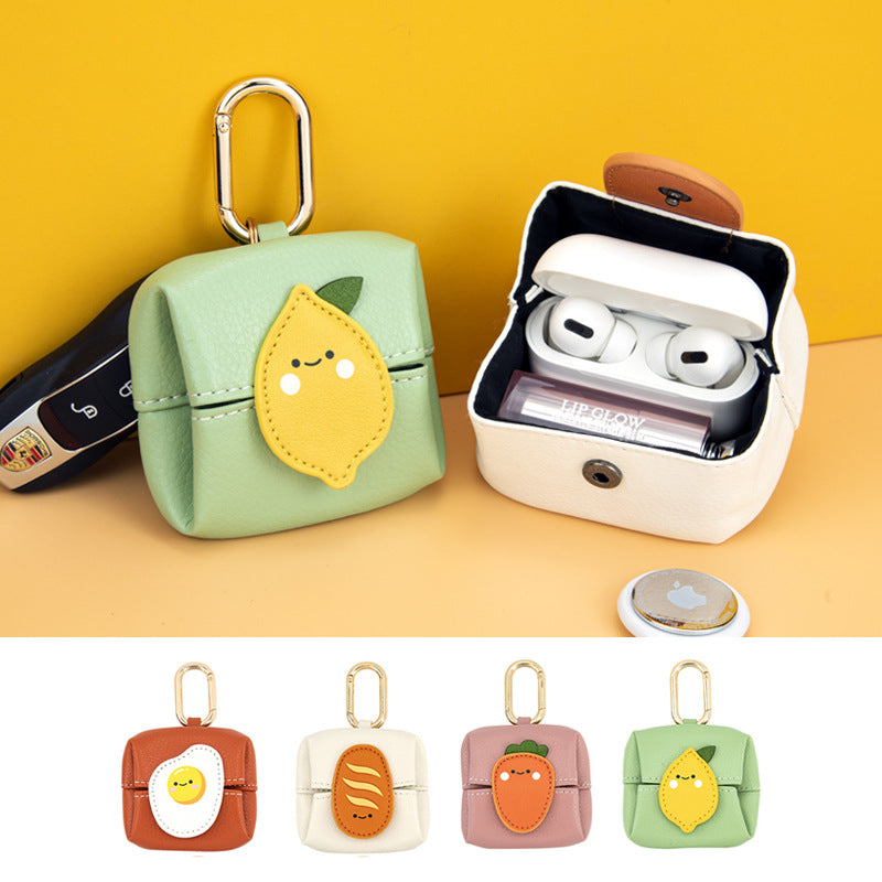 Lemon Pattern Green Cute Multifunctional Mini Leather Coin Purse With Keychain For Lipstick Bluetooth Earbuds And Small