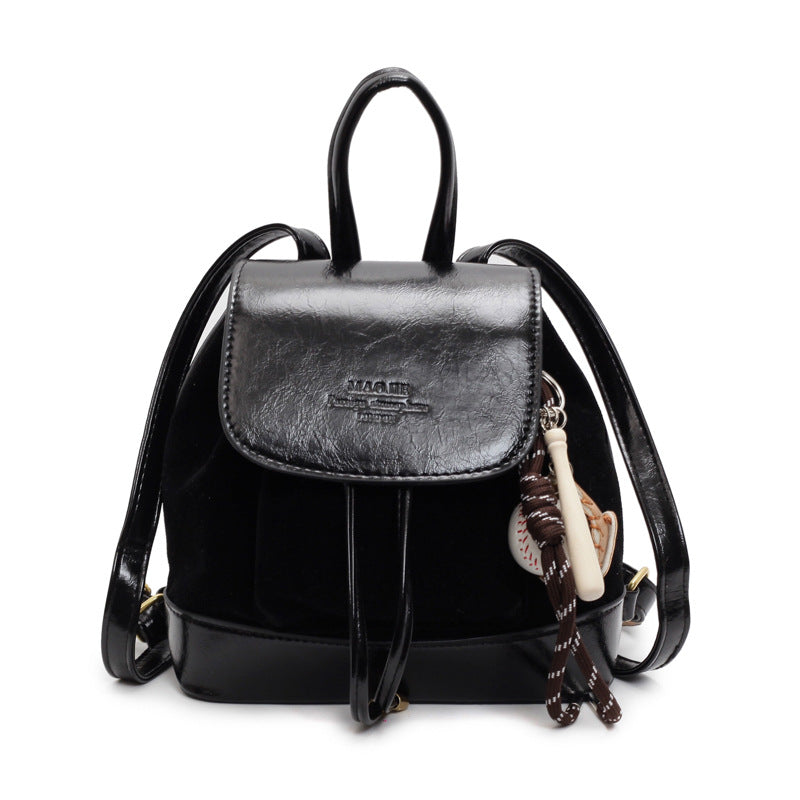 Black Vintage Suede Women's Mini Backpack New Fashionable Travel Book Bag With Decorative Charm