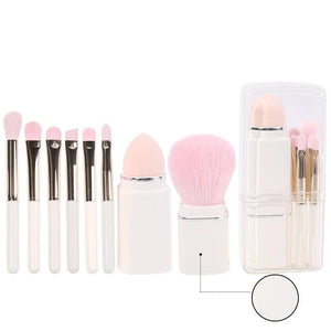 White 8 In 1 Retractable Mini Makeup Brush Set With Protective Cover Compact Design For Travel And On The Go Touchups