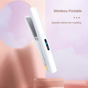 White Portable Mini Wireless Hair Straightener Usb Rechargeable 2 In 1 Curling & Straightening Iron Adjustable 3 Tempera