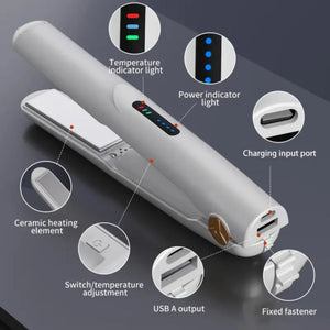 White Portable Mini Wireless Hair Straightener Usb Rechargeable 2 In 1 Curling & Straightening Iron Adjustable 3 Tempera