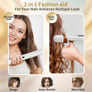 White Portable Mini Wireless Hair Straightener Usb Rechargeable 2 In 1 Curling & Straightening Iron Adjustable 3 Tempera