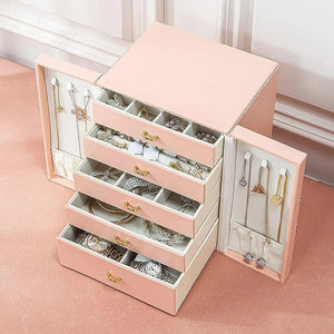 Pink Elegant 5 Layer Large Capacity Jewelry Storage Box With Dual Opening Doors Perfect For Organizing Necklaces Rings E