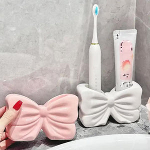 Pink Creative Ceramic Bowknot Toothbrush Holder Elegant Bathroom Storage For Electric And Toothpaste