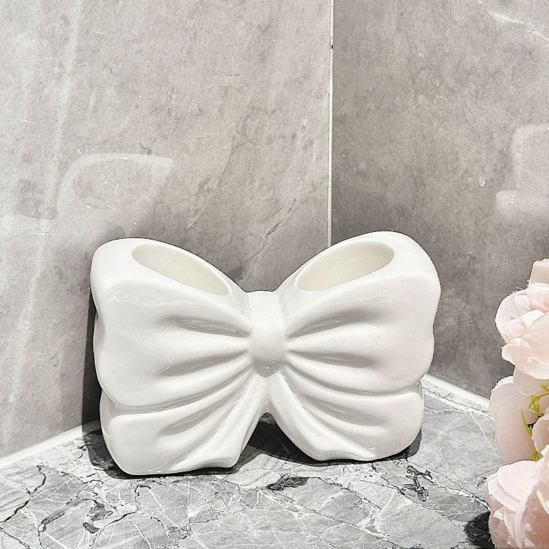 White Creative Ceramic Bowknot Toothbrush Holder Elegant Bathroom Storage For Electric And Toothpaste