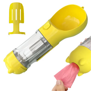 Yellow Portable Pet Water Bottle With Waste Bag Dispenser 300Ml Leak Proof Travel Hydration Solution