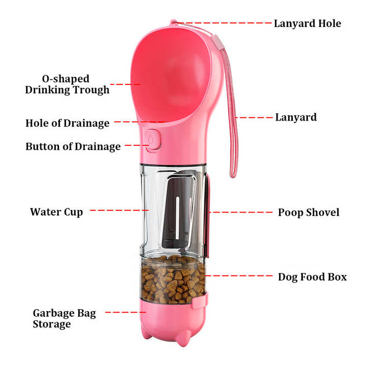 Pink 500Ml Portable Pet Water Bottle | Multifunctional Travel Feeder Outdoor Dog Drinking With Waste Shovel