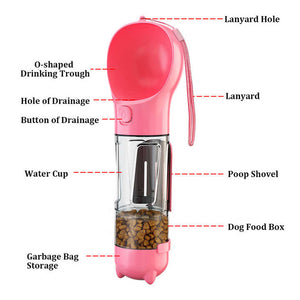 Pink 500Ml Portable Pet Water Bottle | Multifunctional Travel Feeder Outdoor Dog Drinking With Waste Shovel