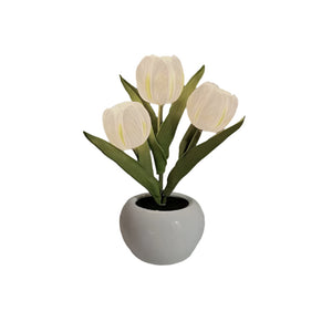 White Flowers Usb Tulip Night Light Bedroom Decor Table Lamp With Pu & Ceramic Pot Perfect Gift For Family Friends