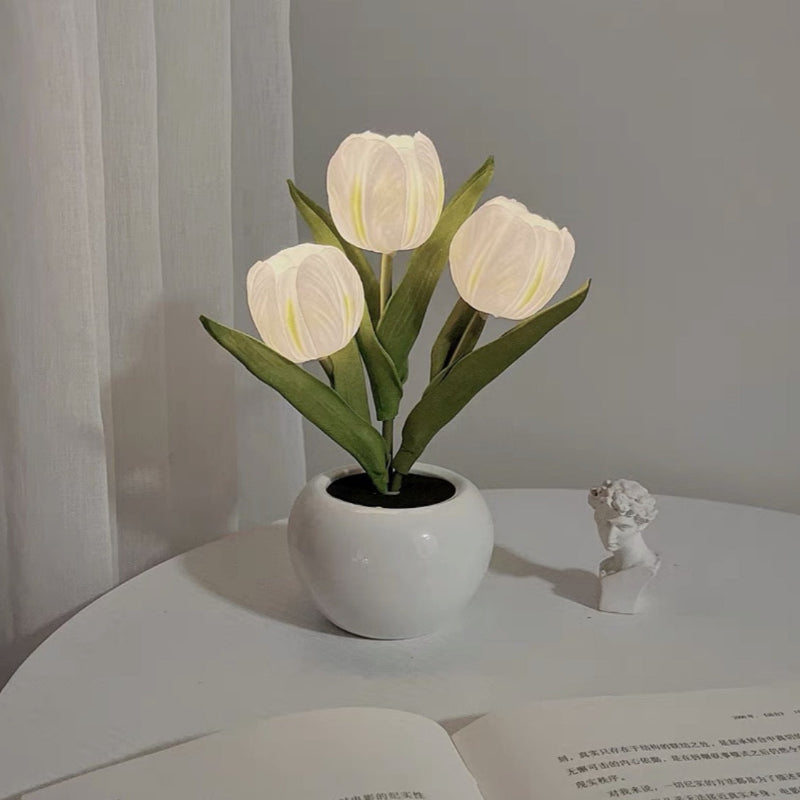 White Flowers Usb Tulip Night Light Bedroom Decor Table Lamp With Pu & Ceramic Pot Perfect Gift For Family Friends