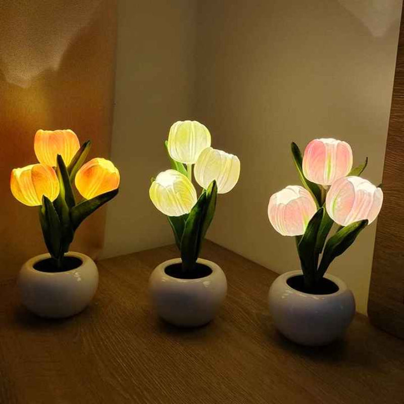 White Flowers Usb Tulip Night Light Bedroom Decor Table Lamp With Pu & Ceramic Pot Perfect Gift For Family Friends