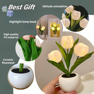 White Flowers Usb Tulip Night Light Bedroom Decor Table Lamp With Pu & Ceramic Pot Perfect Gift For Family Friends