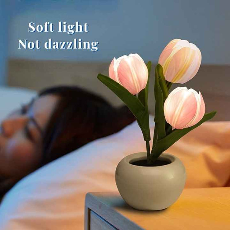 White Flowers Usb Tulip Night Light Bedroom Decor Table Lamp With Pu & Ceramic Pot Perfect Gift For Family Friends