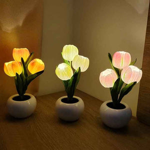 Orange Flowers Usb Tulip Night Light Bedroom Decor Table Lamp With Pu & Ceramic Pot Perfect Gift For Family Friends