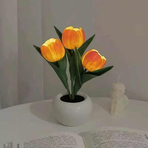 Orange Flowers Usb Tulip Night Light Bedroom Decor Table Lamp With Pu & Ceramic Pot Perfect Gift For Family Friends