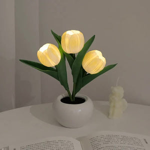 Yellow Flowers Usb Tulip Night Light Bedroom Decor Table Lamp With Pu & Ceramic Pot Perfect Gift For Family Friends