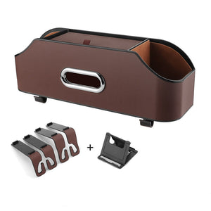 Brown Car Seat Back Organizer Multi Function Storage Box With Tissue Holder Cup And Phone Mount