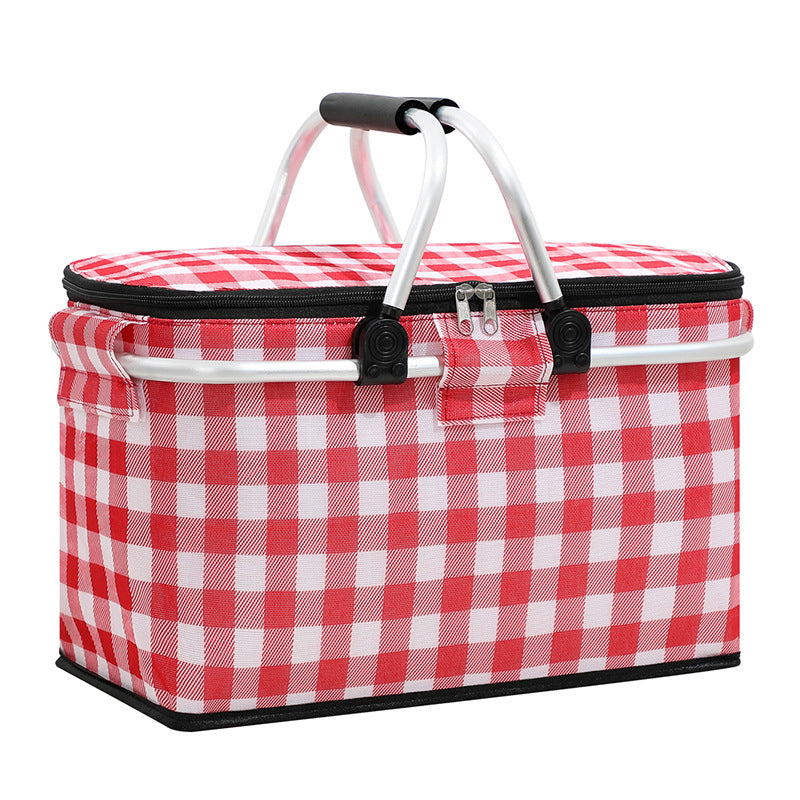 Insulated Picnic Basket With Aluminum Frame Portable Collapsible Cooler Bag 18L 40*20*23Cm(Red Plaid)