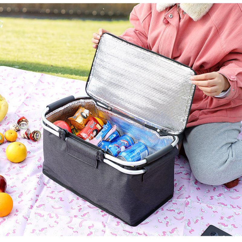 Insulated Picnic Basket With Aluminum Frame Portable Collapsible Cooler Bag 18L 40*20*23Cm(Red Plaid)