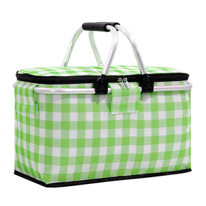 Insulated Picnic Basket With Aluminum Frame Portable Collapsible Cooler Bag 18L 40*20*23Cm(Green Plaid)