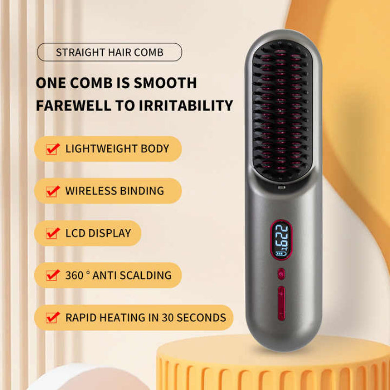 Black Rechargeable Portable Ionic Hair Straightening Comb Usb Wireless Travel Style