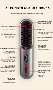 Black Rechargeable Portable Ionic Hair Straightening Comb Usb Wireless Travel Style