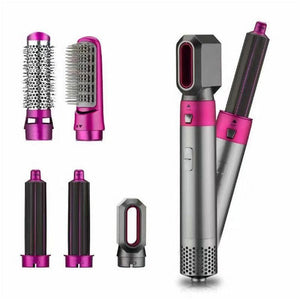 Rose Red 5 In 1 Hot Air Styler Automatic Hair Curling And Straightening Brush With Leafless Dryer