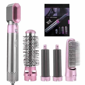 Pink 5 In 1 Hot Air Styler Automatic Hair Curling And Straightening Brush With Leafless Dryer