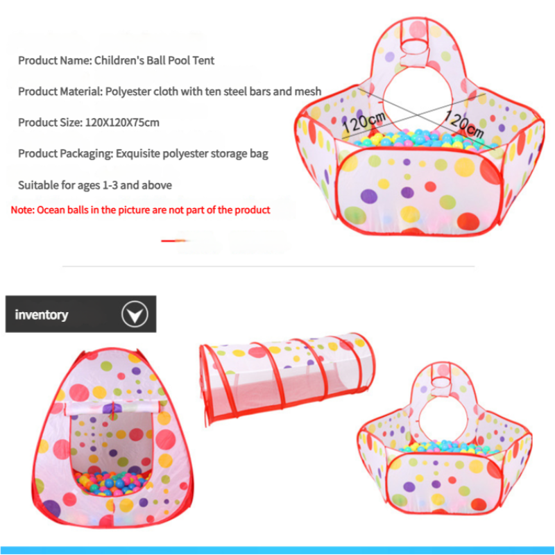 Red 3 In 1 Kids Play Tent Set Foldable Indoor Outdoor Tunnel And Ball Pit With Fence