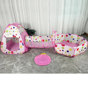 Pink 3 In 1 Kids Play Tent Set Foldable Indoor/Outdoor Tunnel And Ball Pit With Fence