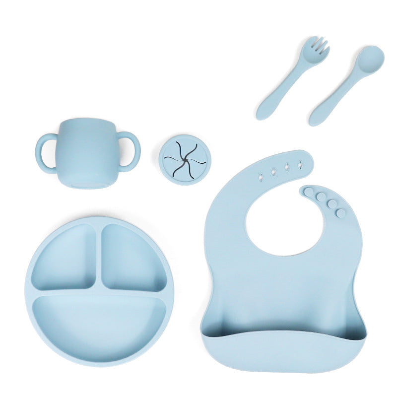 Blue 096# Silicone Baby Feeding Set Suction Plate Bib Cup & Utensils | Bpa Free Tableware